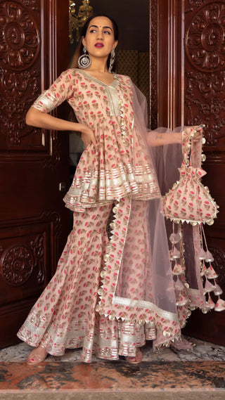 Cotton Peach Floral Print Sharara Set with Soft Net Dupatta