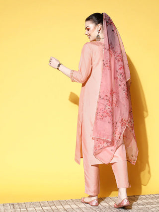 Peach Silk Blend Yoke Design Suit Set with Dupatta