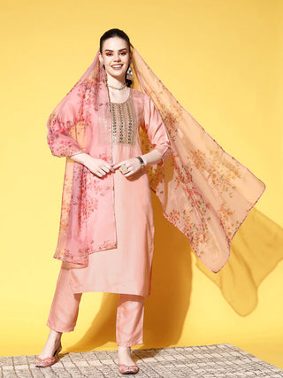 Peach Silk Blend Floral Yoke Design Suit Set with Floral Print Dupatta