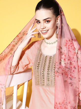 Peach Silk Blend Floral Yoke Design Suit Set with Floral Print Dupatta