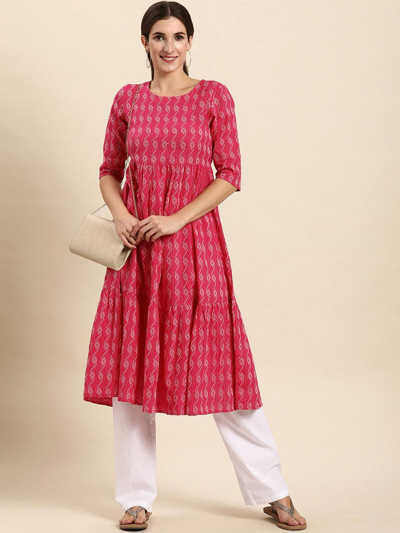 Cotton Pink Woven Design Dress - Ria Fashions
