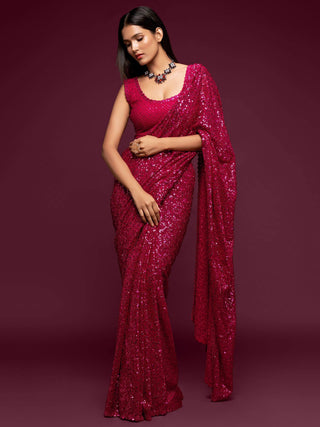 Pink Georgette Sequined Saree - Ria Fashions