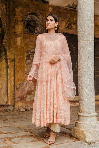Peach Georgette Embroidered Anarkali Suit Set - Ria Fashions