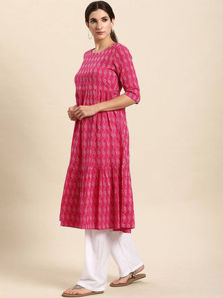 Cotton Pink Woven Design Dress - Ria Fashions