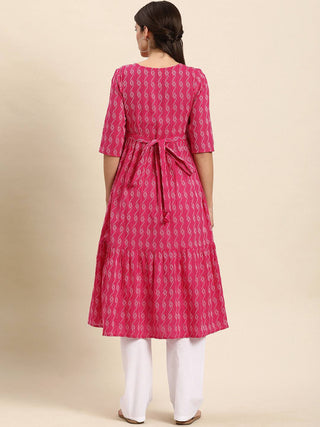 Cotton Pink Woven Design Dress - Ria Fashions