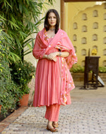 Cotton Peach Floral Anarkali Suit Set with  Dupatta - Ria Fashions