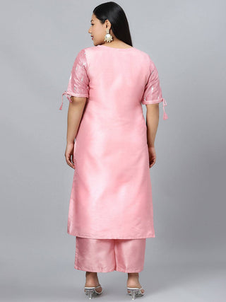 Pink Poly Silk Kurta with attached Jacket and Palazzo Pants - Ria Fashions