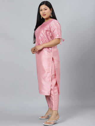 Pink Poly Silk Kurta with attached Jacket and Palazzo Pants - Ria Fashions