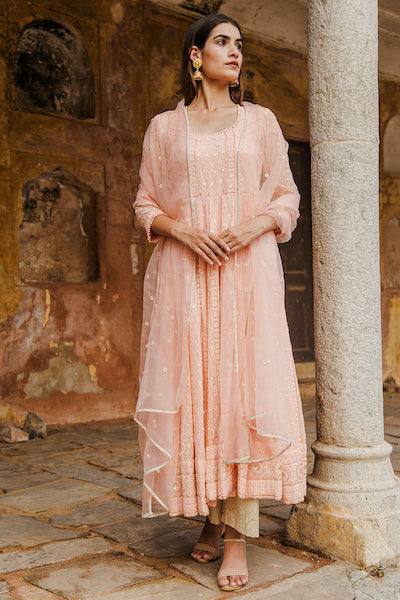 Peach Georgette Embroidered Anarkali Suit Set - Ria Fashions