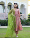 Cotton Peach & Green Hand Block Print Anarkali Kurta Set - Ria Fashions