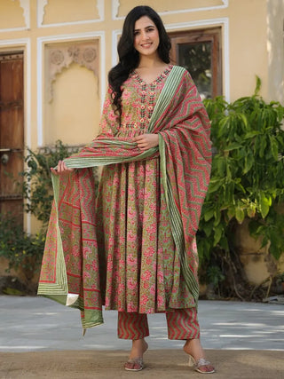 Pink & Green Cotton Printed & Hand Embroidered Suit Set with Dupatta