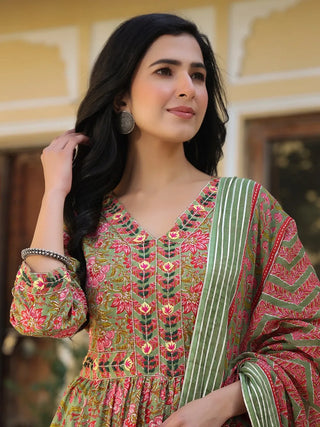 Pink & Green Cotton Printed & Hand Embroidered Suit Set with Dupatta