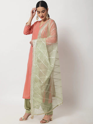 Pink Velvet Embroidered Kurta with Green Satin Salwar and an Organa Dupatta