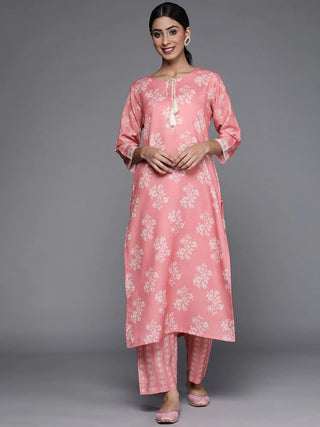 Cotton Blend Pink & Off White Floral Print Kurta Trouser Set