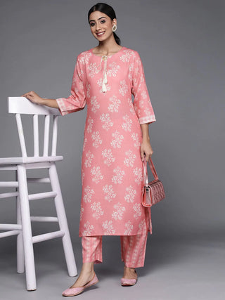 Cotton Blend Pink & Off White Floral Print Kurta Trouser Set