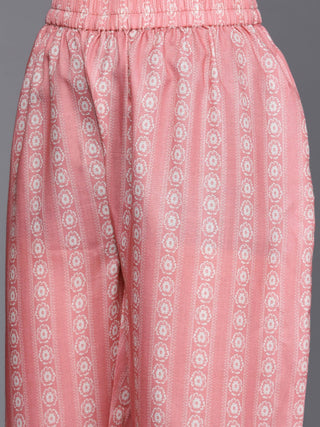 Cotton Blend Pink & Off White Floral Print Kurta Trouser Set