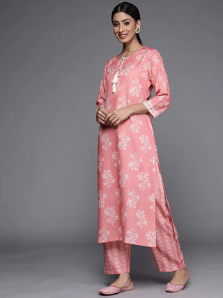 Cotton Blend Pink & Off White Floral Print Kurta Trouser Set