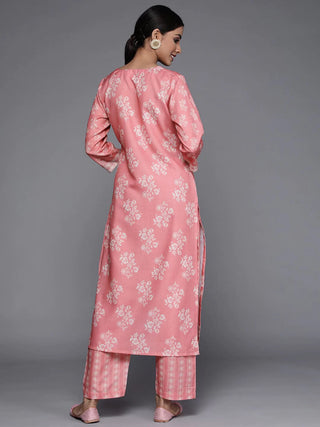 Cotton Blend Pink & Off White Floral Print Kurta Trouser Set