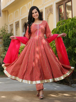 Pink Chanderi Printed & Hand Embroidered Anarkali Suit Set with Organza Dupatta