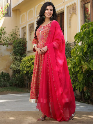 Pink Chanderi Printed & Hand Embroidered Anarkali Suit Set with Organza Dupatta
