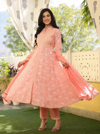 Pink & White Chanderi Printed & Hand Embroidered Anarkali Suit Set with Organza Dupatta