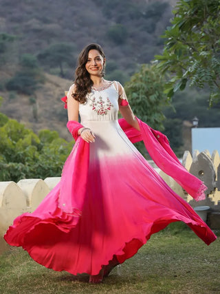Pink & White Ombre Viscose Muslin Embroidered Gown with Organza Dupatta