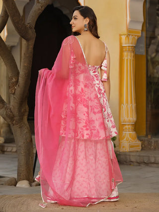 Pink & White Cotton Printed & Gota Detailing Sharara Set with Organza Dupatta