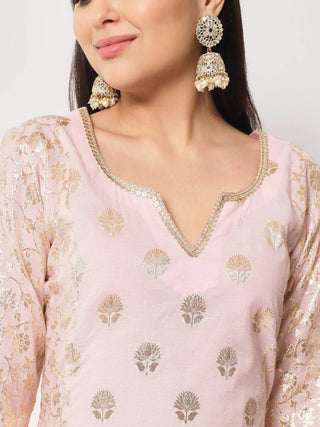 Pink Cotton Chanderi Zari Detailing A Line Kurta with Cotton Silk Pant and a Net Dupatta