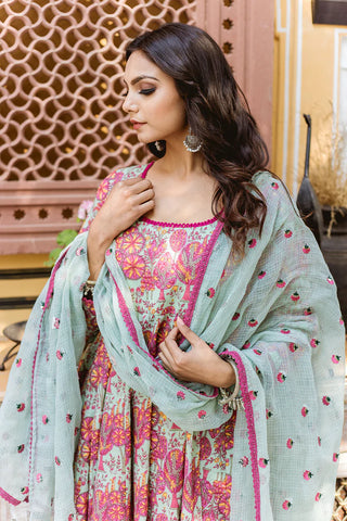 Cotton Pink & Light Blue Floral Print Anarkali Suit Set with Embroidered Dupatta