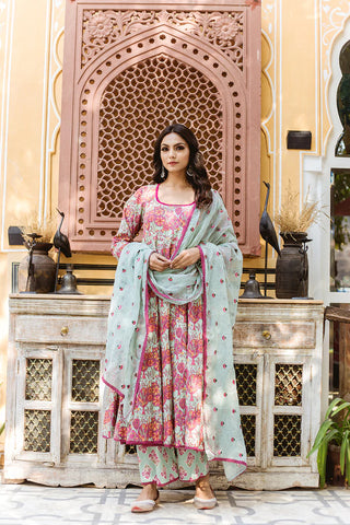 Cotton Pink & Light Blue Floral Print Anarkali Suit Set with Embroidered Dupatta
