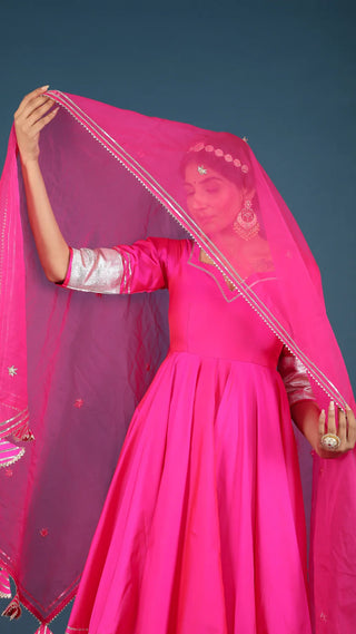 Pink Silk Lace Detailing Anarkali Suit Set with Organza Dupatta