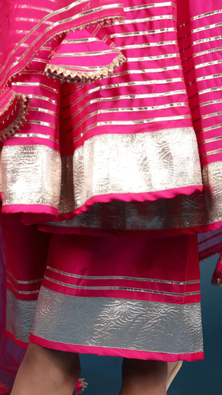 Pink Silk Lace Detailing Anarkali Suit Set with Organza Dupatta