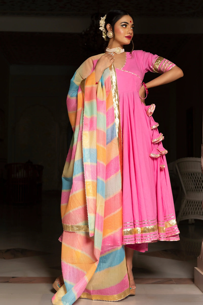Pink Cotton Angrakha Anarkali Suit Set - Ria Fashions