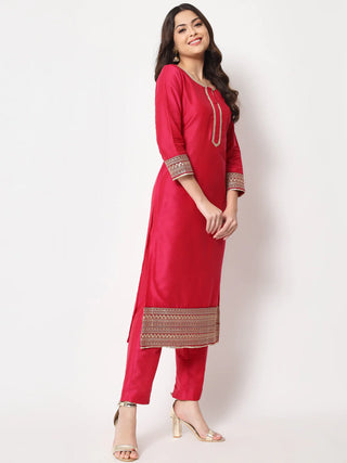 Pink Cotton Silk Embroidered Suit Set with Georgette Banarasi Dupatta
