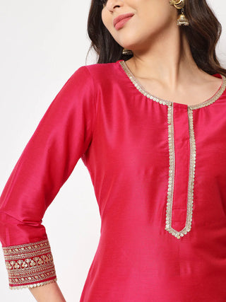Pink Cotton Silk Embroidered Suit Set with Georgette Banarasi Dupatta