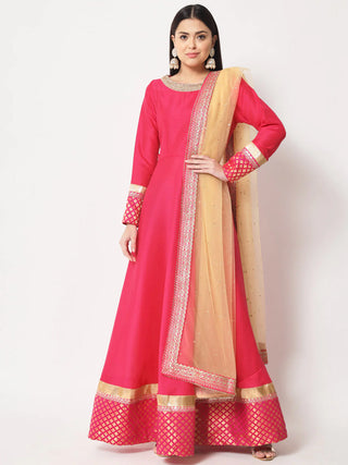 Pink Croma Silk Floor Length Anarkali Style Kurta with Stone & Zari Detailing Net Dupatta
