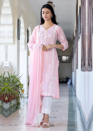 Pink Cotton Embroidered Chikankari Suit Set with Dupatta
