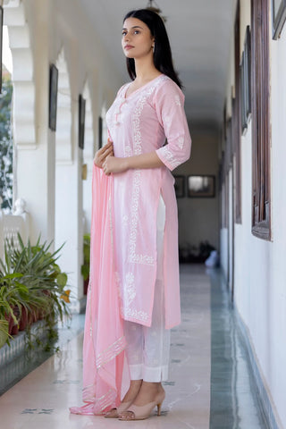 Pink Cotton Embroidered Chikankari Suit Set with Dupatta