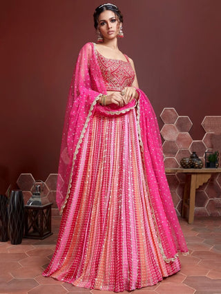 Pink Chinon Silk Embroidered & Digital Print Lehenga Choli Set with Sequins Work Dupatta