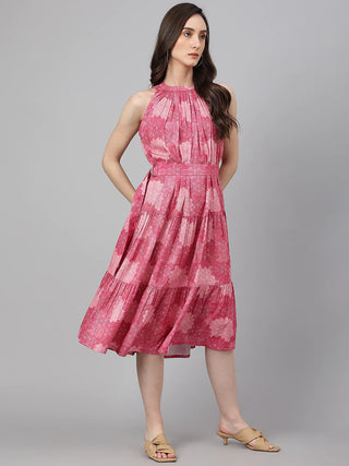 Pink Polyester French Crepe Digital Print Western Style Dress