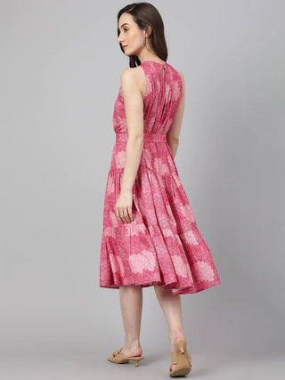 Pink Polyester French Crepe Digital Print Western Style Dress