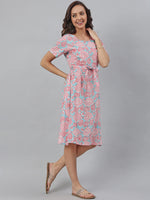 Cotton Pink & Blue Floral Print Dress