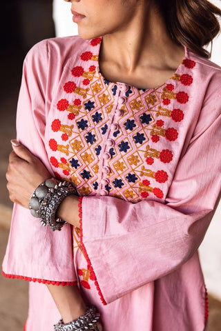 Pink Cotton Floral Embroidered Kurta Palazzo Set