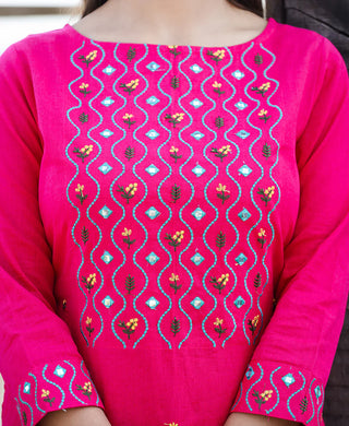 Cotton Pink Embroidered Kurta Pant Set