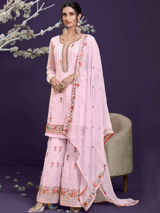 Pink Georgette Thread & Sequins Embroidered Sharara Set with Dupatta