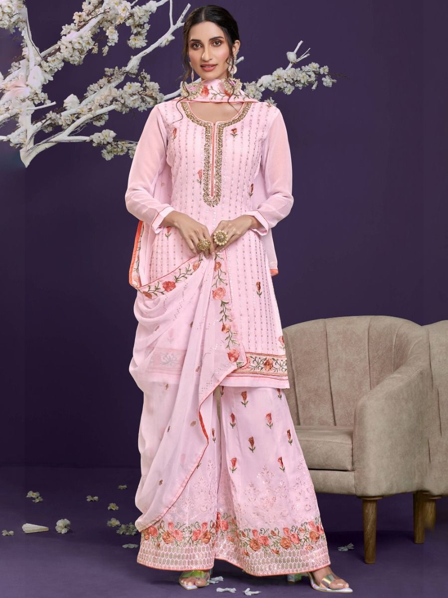 Pink Georgette Thread & Sequins Embroidered Sharara Set with Dupatta