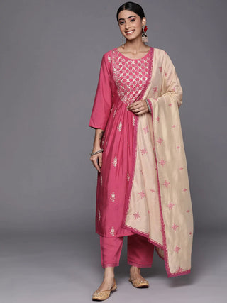 Pink Silk Blend Ethnic Motif Embroidered & Thread Detailing Suit St with Dupatta