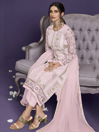 Pink Georgette with Thread Embroidered, Zari & Sequins Detailing Suit Set with Dupatta