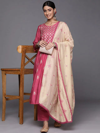 Pink Silk Blend Ethnic Motif Embroidered & Thread Detailing Suit St with Dupatta
