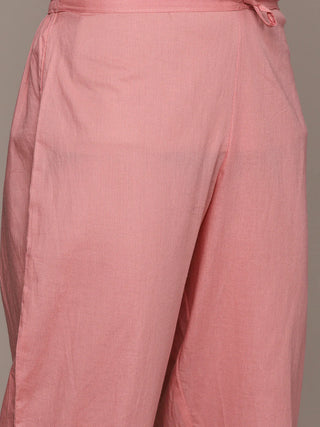Pink Cotton Zari Work & Floral Print A line Suit Set with Dupatta